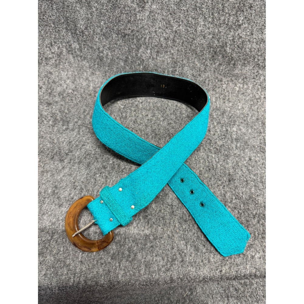 Turquoise Blue Woven Fabric Belt Round Tortoiseshell Resin Buckle Wide  Belt M/L